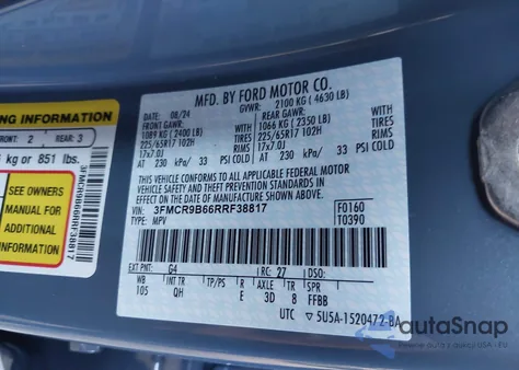 2024 Ford Bronco Sport Big Bend из США, поврежденный, VIN 3FMCR9B66RRF38817